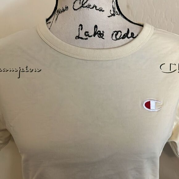 Champion Cream Color Logo Print Design Cropped Top Casual Contemporary Boho - Picture 4 of 8